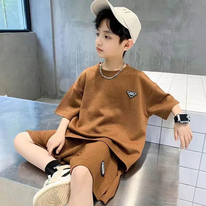 Boys Spring and Summer Round Neck Quick Dry Jacquard Solid Colour Short Sleeve Top + Shorts Casual Two-piece Set