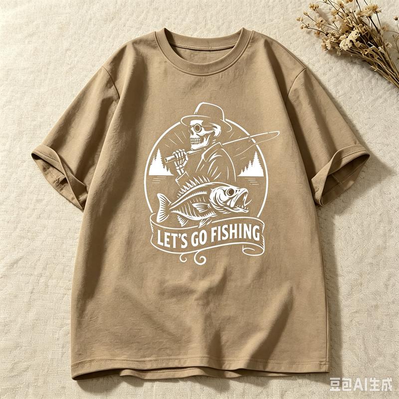 Unisex Casual Short Sleeve T Shirt Skeleton Fisherunisex Lets Go Fishing Distressed Bass Fish Graphic Outdoor Streetwear Tees Y2k Tops