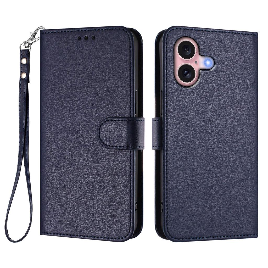 For iPhone 16 Leather Case Wallet Stand Phone Cover with Wrist Strap
