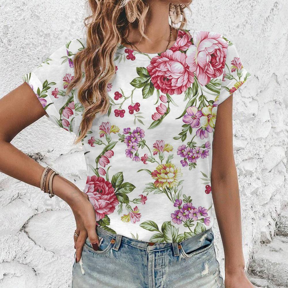 Винтажная элегантная футболка с цветочным принтом 3D, летняя свободная женская футболка, уличная мода, новая футболка с круглым вырезом