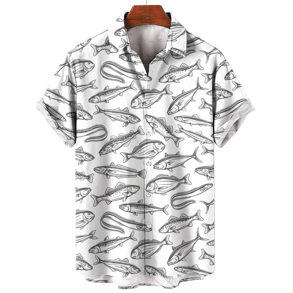 Men's Hawaiian Shirts 3D Print Fish Graphics Fashion Button Short Sleeve Lapel Streetwear Hawaiian Blouse Shirts for Men Summer