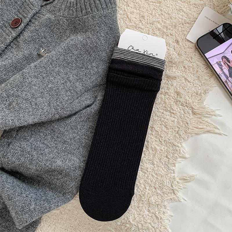 Женские носки в японском стиле в рубчик с полосками, средней длины, серая пэчворк, имитация двух пар, для весны/осени, универсальные, девичья мода
