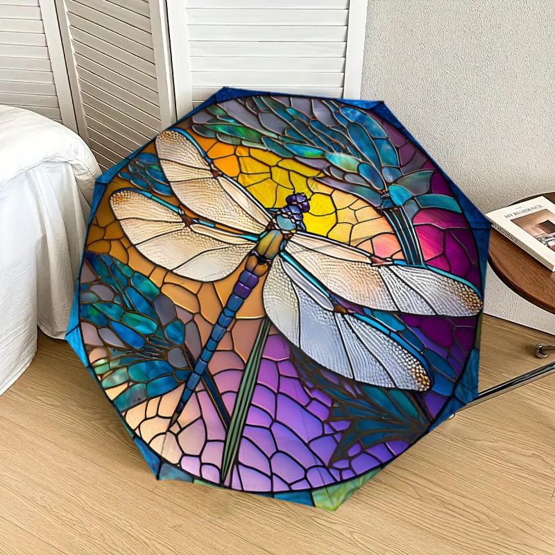 1pc Stained Glass Dragonfly Artwork Umbrella with Plastic Handle,Suitable for All Seasons Home Travel Outdoor UmbrellaDD1068