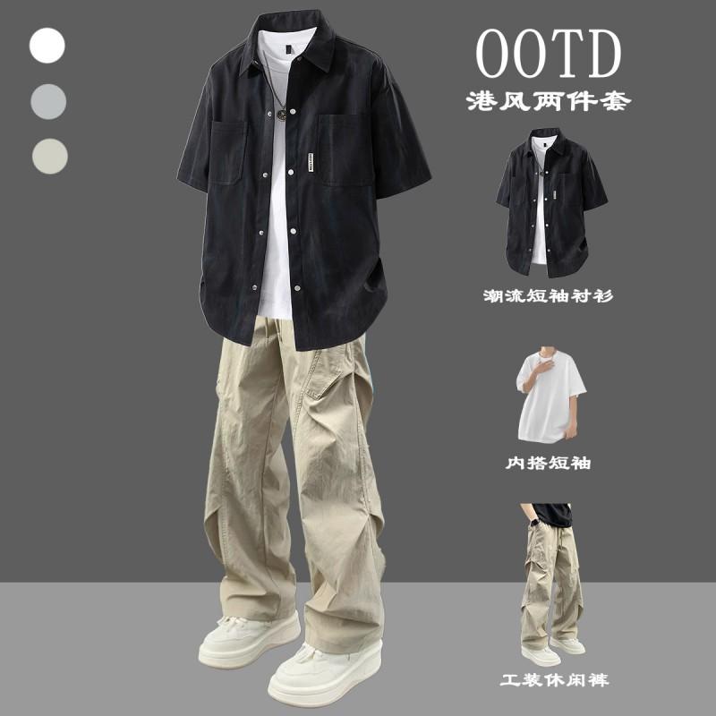 Mens 3-Piece Casual Set Teen Streetwear Short Sleeve T-Shirt Cargo Pants