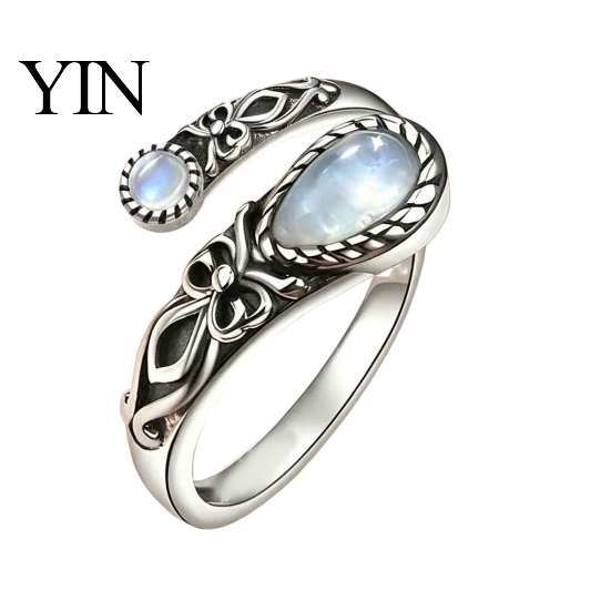 Couple Open Ring Vintage Faux Moonstone Ring, Waterdrop Fake Gemstone Adjustable Women Healing Stone Band Jewelry for Couple,