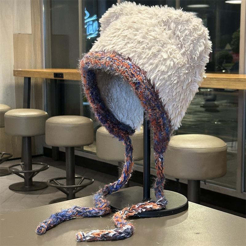 Cute Hat with Velvet and Thickening Autumn and Winter New Style with Face Cartoon Ears Cycling Hat Ear Protection Warm Hat for Women