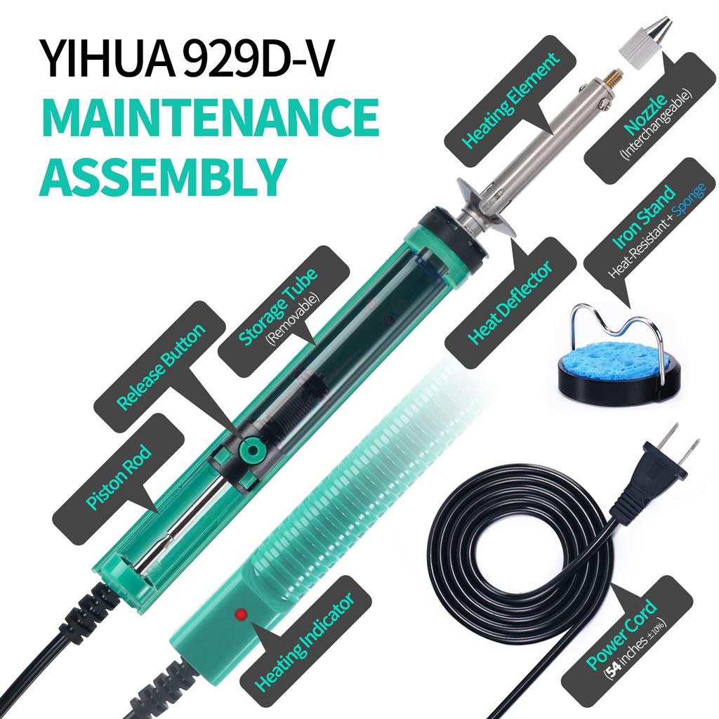 929D-V Electric Desoldering Soldering Iron Solder Sucker Desoldering Pump with Shorter Charging Handle and Desoldering Nozzles 1.0mm 1.2mm