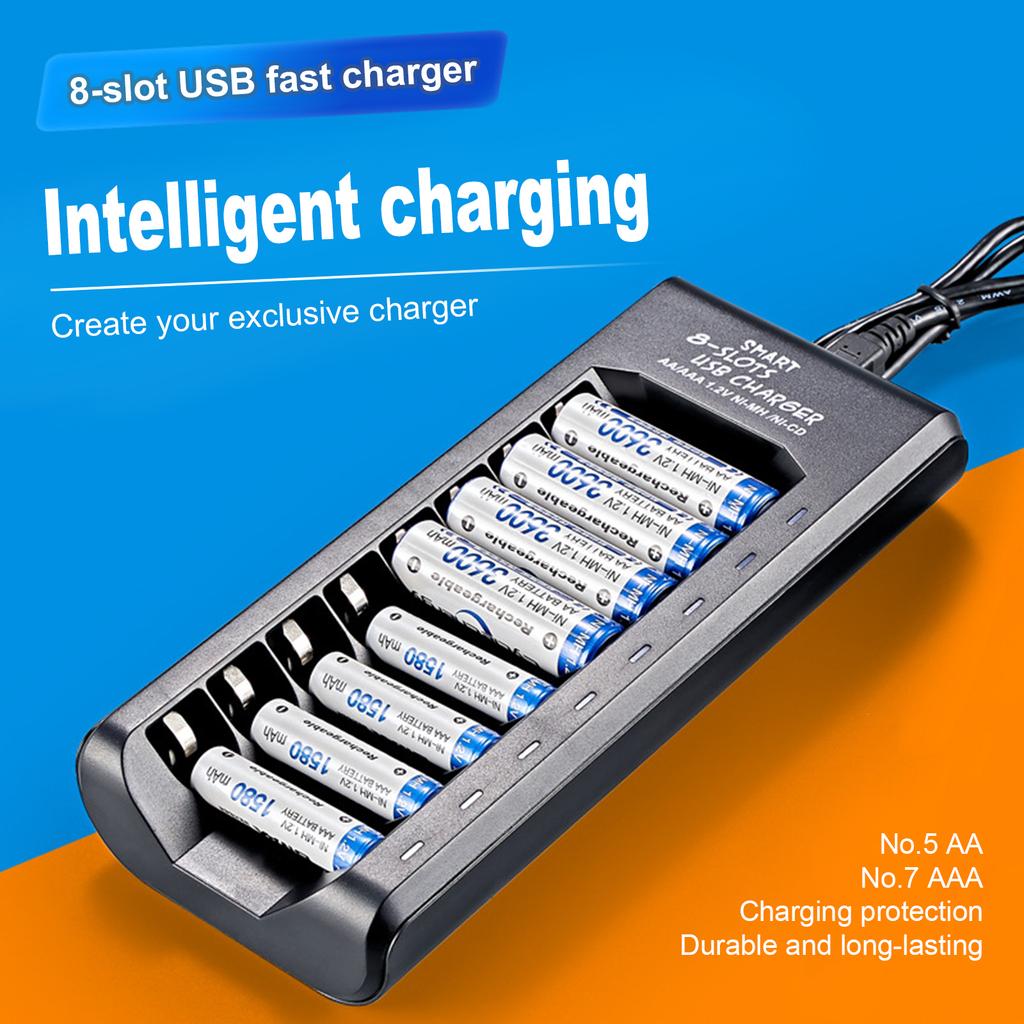 Интеллектуальное зарядное устройство на 8 гнезд для Ni-MH аккумуляторов типа AA/AAA 1,2 В, аккумуляторов USB Plug and Play