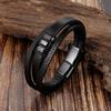 Men's Black Leather Bracelet Double Layer Rope Simple Stainless Steel Braided Handmade Wristband Outdoor Jewelry Accessories