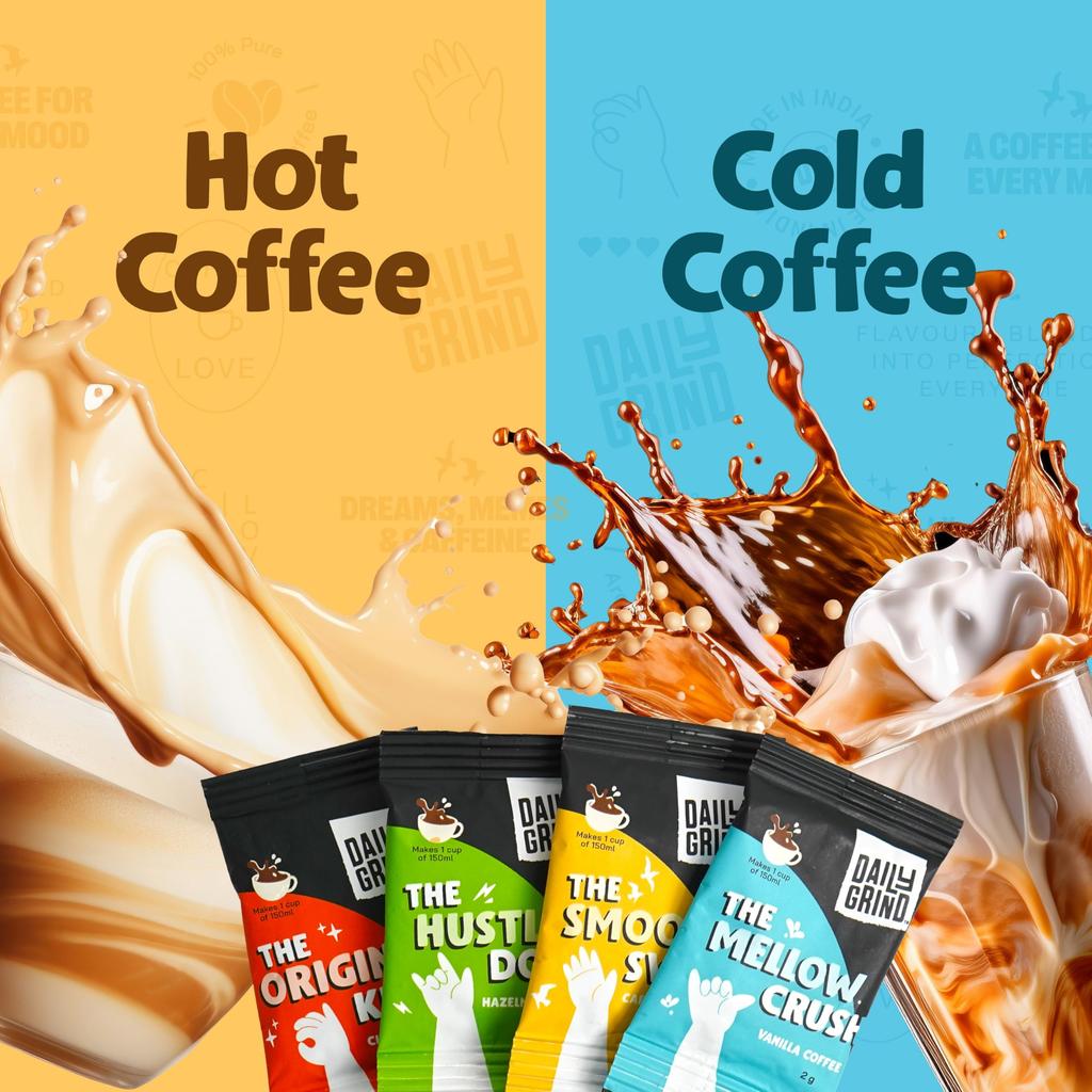 DAILYGRIND Instant Coffee Sachets - Pack of 48 | 4 Flavors (2g X 48) | Assorted Coffee Powder Sachets with Jar - Classic, Hazelnut, Vanilla