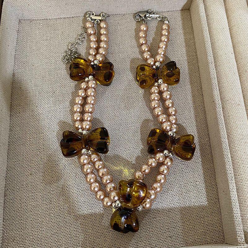 Fashion Queen Mother Pearl Necklace for Women 2025 New Arrival Fancy Light Luxury Minority Maillard Leopard-Print Clavicle Chain