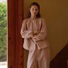 Autumn new women's cotton abraded crew neck cardigan type printed pajamas long sleeves trousers loungewear set