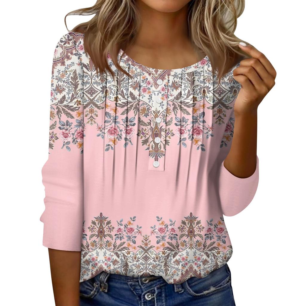 Women's Round Neck Pull Stripe Decorative Button Top Casual Solid Color 3/4 Sleeve T Shirt