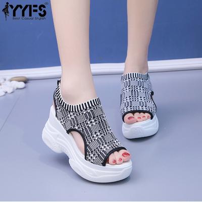 Популярные летние новые вязаные туфли с открытым носком, в стиле феи, на платформе, на высоком каблуке, из летящего тканого материала, на танкетке, на толстой подошве, спортивные женские сандалии