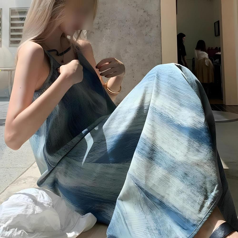 Винтажное синее платье-сарафан с разводами, женское летнее приморское свободное пляжное платье для отдыха