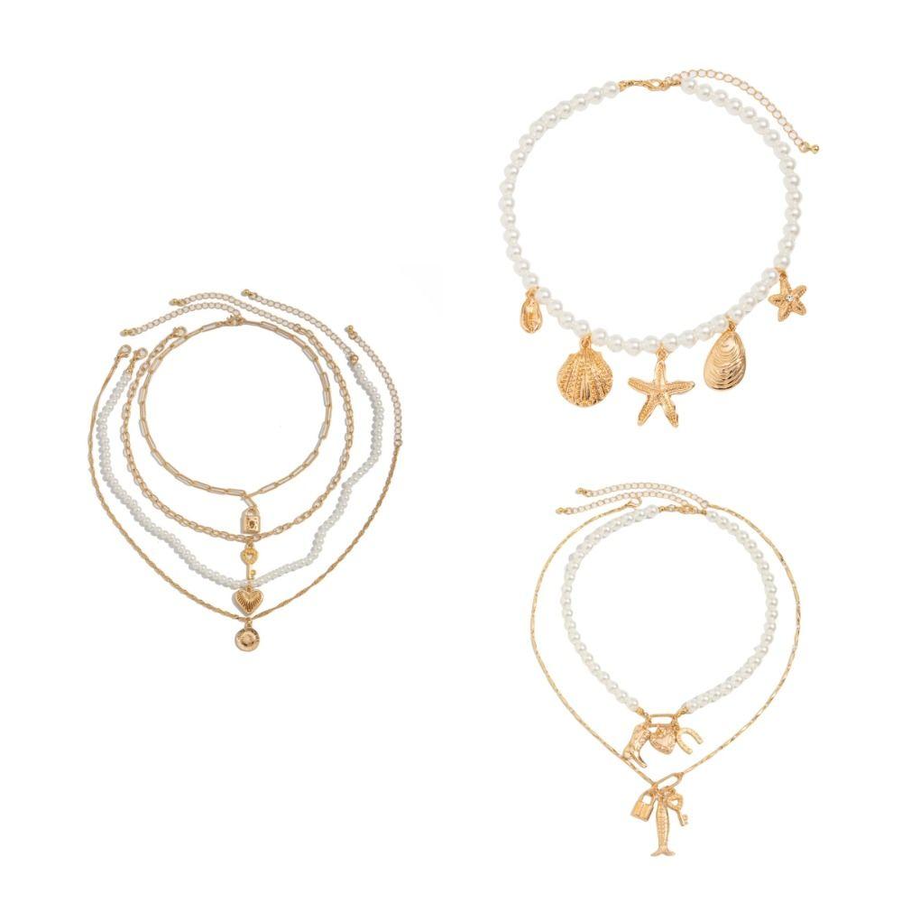 Ожерелье из металлической жемчужной ракушки, многослойное ожерелье в пляжном стиле, винтажное ожерелье из жемчужных бусин, пляж