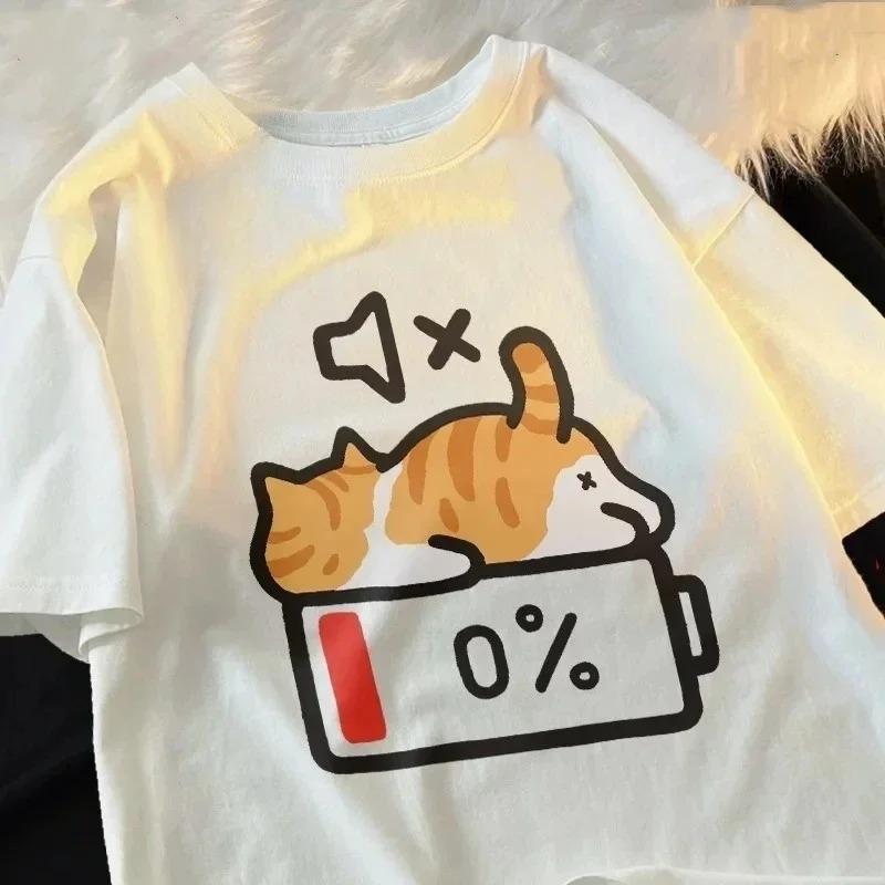 New Cute Low Battery Cat Print Round Neck Short-Sleeve T-Shirt Summer Collection Hot Sale Woman Clothes T Shirt Tops Tee