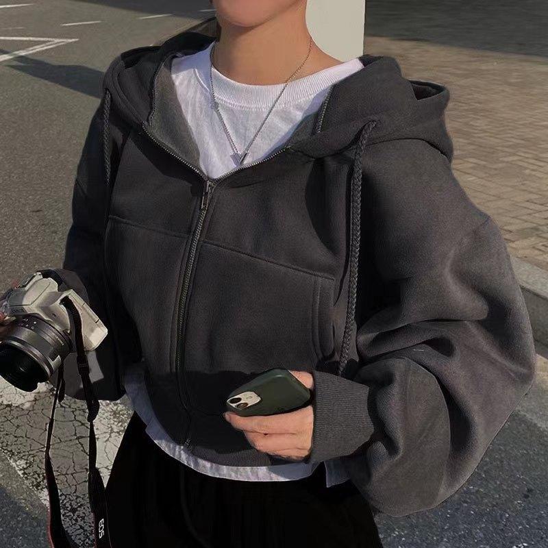Casual Hood Sweatshirt Women Zip Up Hoodies Solid Harajuku Long Sleeve Shirt Oversized Crop Tops Female Loose Jackets Coat