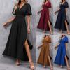 Женское midi платье bodycon с V-образным вырезом, короткими рукавами и высоким разрезом, многоцветное, элегантное платье