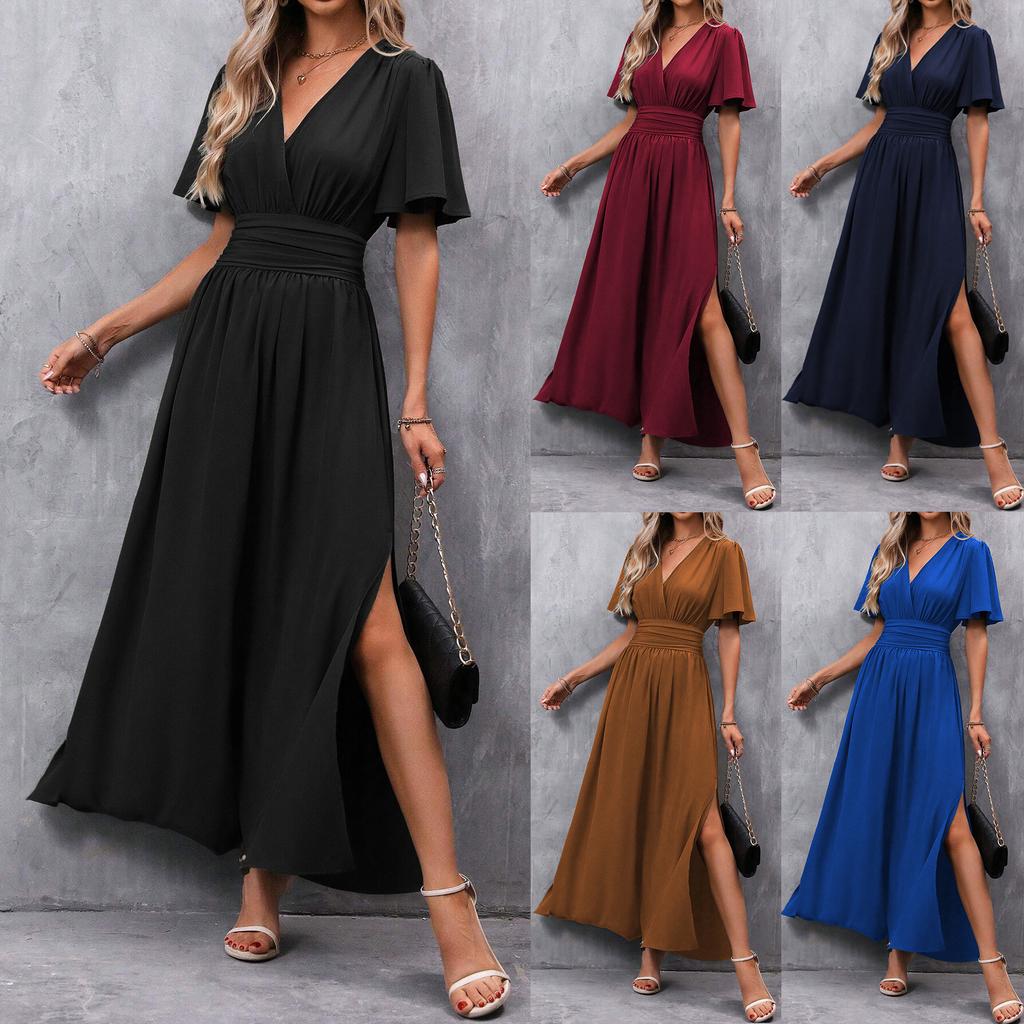 Женское midi платье bodycon с V-образным вырезом, короткими рукавами и высоким разрезом, многоцветное, элегантное платье