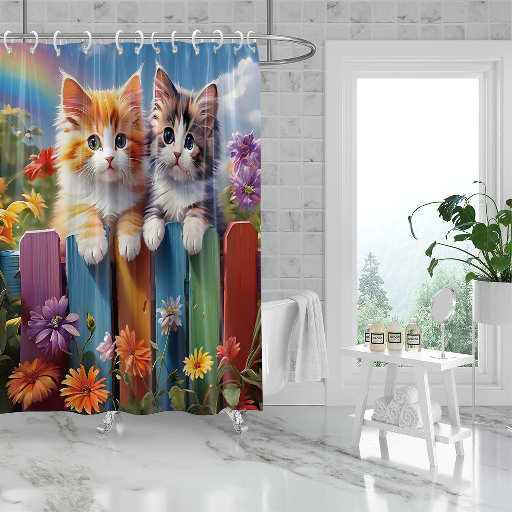1PC Spring Day, Cat Pattern Printed Shower Curtain, Waterproof, with 12 Hooks, for Bathroom Showers, Bathtub, Home Use