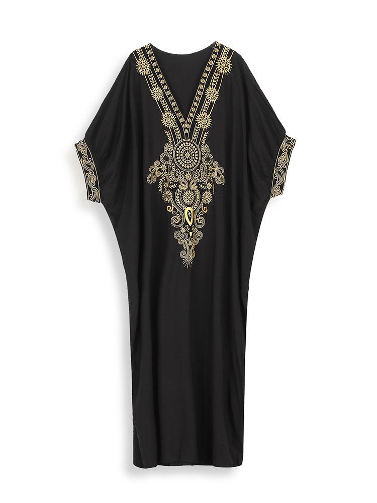 EDOLYNSA Black Vintage Golden Embroidered Long Kimono Cardigan Bikini Cover-ups Wrap Dress Beach Wear Swim Suit Cover Up Q23065