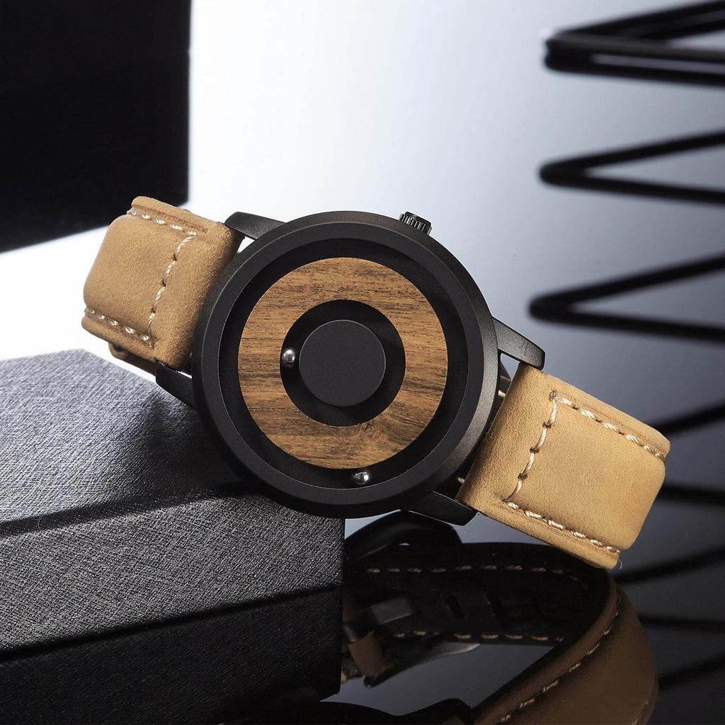 Деревянные магнитные часы с шарикоподшипником, кварцевые часы, минимализм, повседневные, 40 мм, черный циферблат, кожаный ремешок Brawan [EUTOUR] мужские