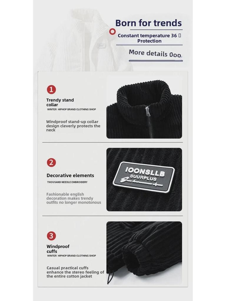 2024 Мужское и парное толстое ветрозащитное вельветовое хлопковое пальто: Американский ретро-воротник-стойка, устойчивый к холоду, для осени/зимы.