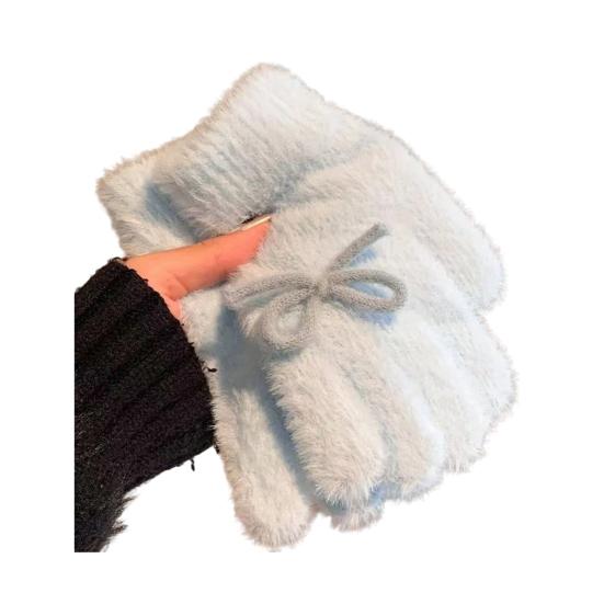 Yousheng Women Fuzzy Thermal Gloves Fluffy Winter Thick Full Finger Gloves with Bows Solid Color Cute Warm Plush Gloves for Girls Cycling Daily