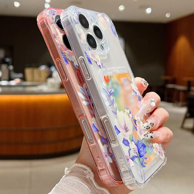 Ударопрочный прозрачный чехол с карманом для карт и цветочным узором для iPhone 16 15 Pro 14 13 Pro Max 12 11 Мягкий силиконовый тонкий защитный чехол для объектива от падения