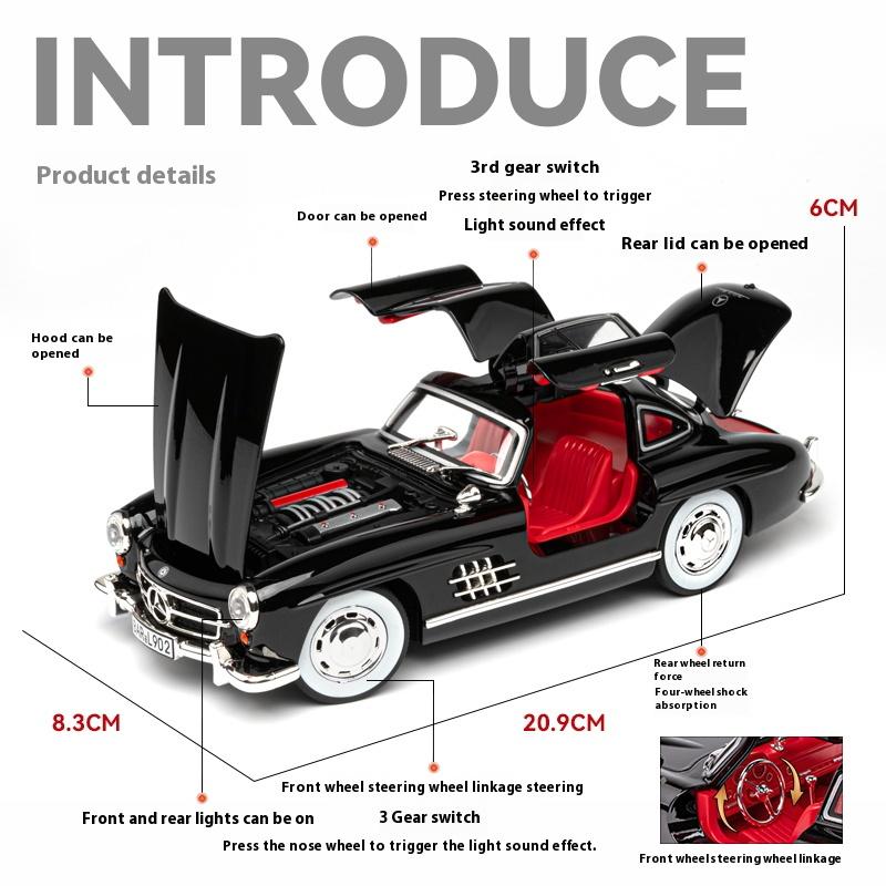 Масштаб 1/24 Классический автомобиль Benz 300SL Металлическая литая модель автомобиля со звуком и светом Коллекционирование Хобби Настольное декоративное украшение Подарок