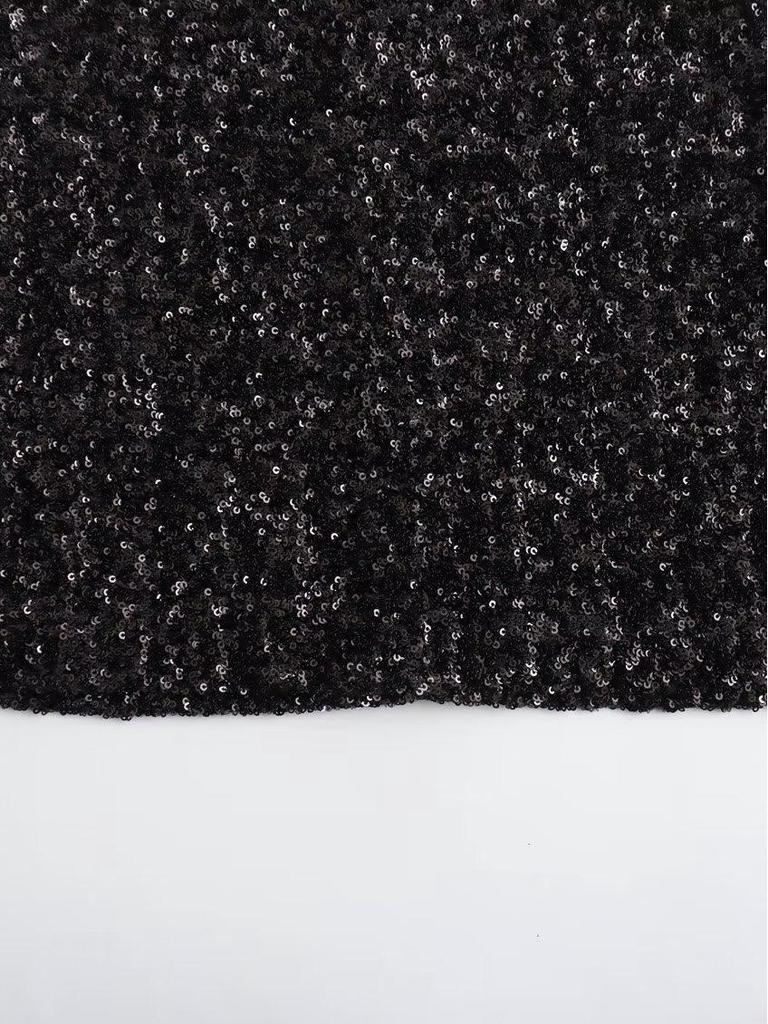 Y2K Winter Black Sequin Mini Dress with Shoulder Pads - Sleeveless Evening Wear