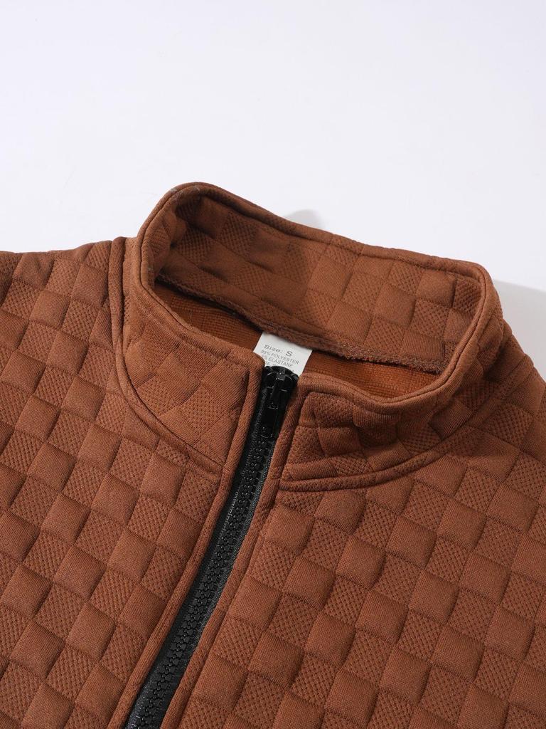 Европейский и американский мужской стеганый вязаный пуловер: Повседневная худи на молнии с воротником-стойкой, вафельной клеткой и жаккардовым узором