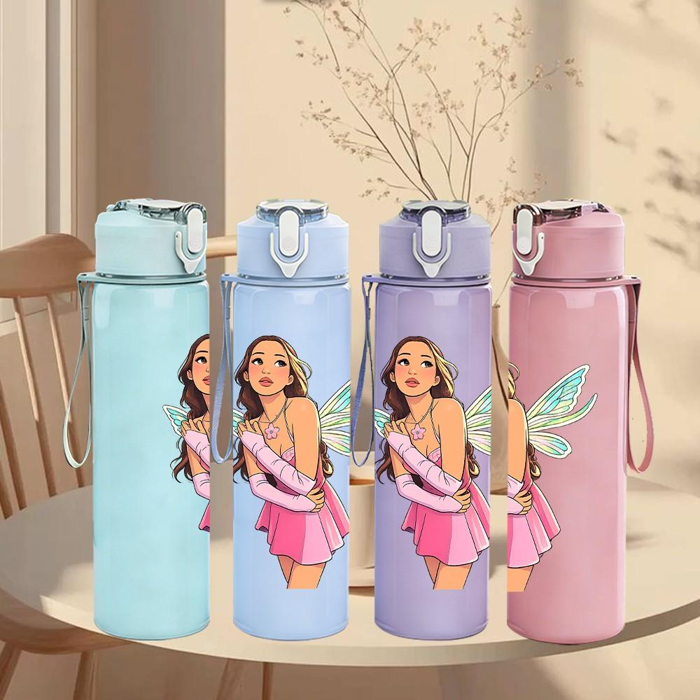 1PC Pink Wing Fairy Girl 750ml Color Plastic Sports Water Bottle Leakproof Flip Straw Lid Suitable for Sports Office Home Use