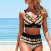 Women's Shoulder Strap Swimsuit Brown Retro Print Bikini Tankini Swimsuit