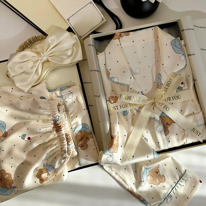 Spring and Autumn New Ladies Pajamas Homewear Suit Korean Ins Simulation Silk Pajamas Female Long-Sleeved Pajamas Homewear