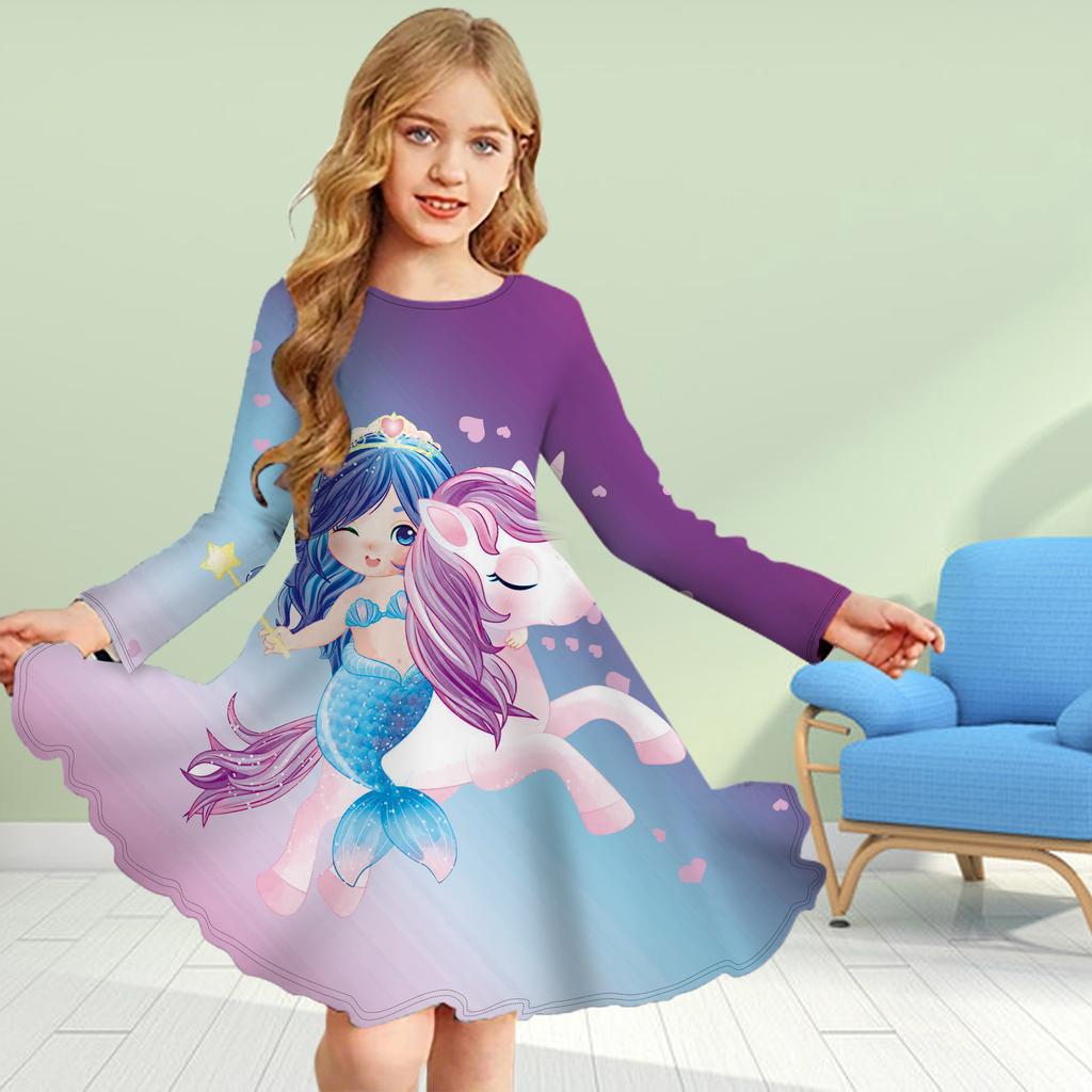 Girl Casual 3D Print Pink Butterfly Unicorn Round Neck Long Sleeve Dress Kid Princess Dress
