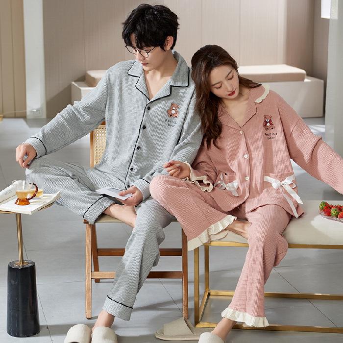 Cute Couple Pajamas: Women's Spring & Autumn Waffle Long Sleeves and Men's Casual Large Size Homewear