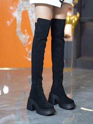 Ботинки ботфорты на толстой подошве Женские высокие ботинки Осень и зима 2025 Новые туфли на высоком каблуке с круглым носком на толстом каблуке тонкие эластичные тонкие ботинки