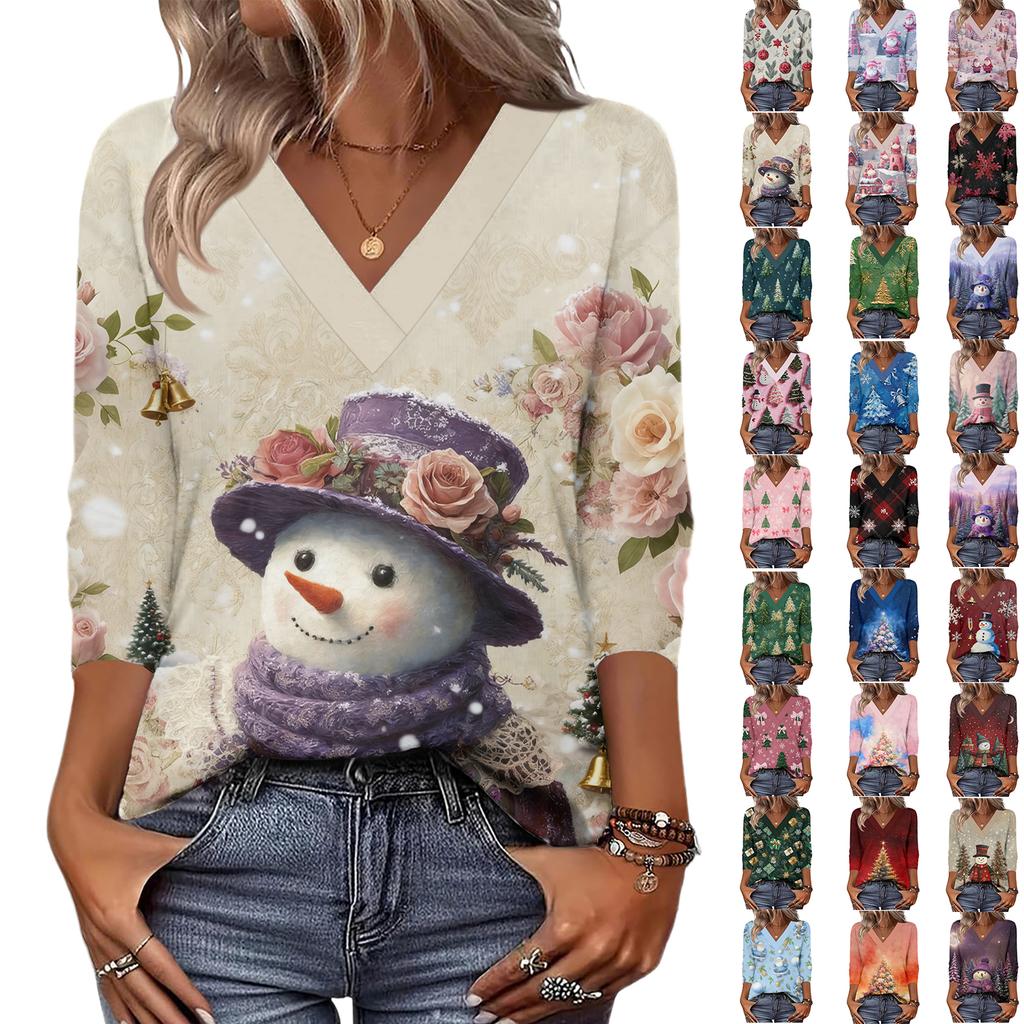 Women's Loose Comfortable Casual Fashion V-Neck Christmas Print 3/4 Sleeve Top