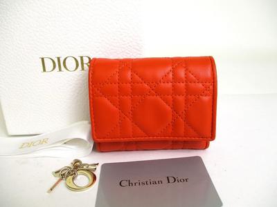 Оригинальный трехстворчатый кошелек Christian Cannage из оранжевой кожи Lady Dior #a258 Открытая коробка