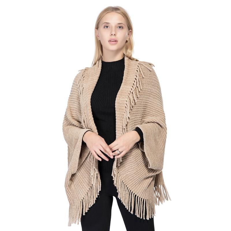 Womens Knit Shawl Winter Fall Tassel Cardigan Cape Warm Faux Wool Blend