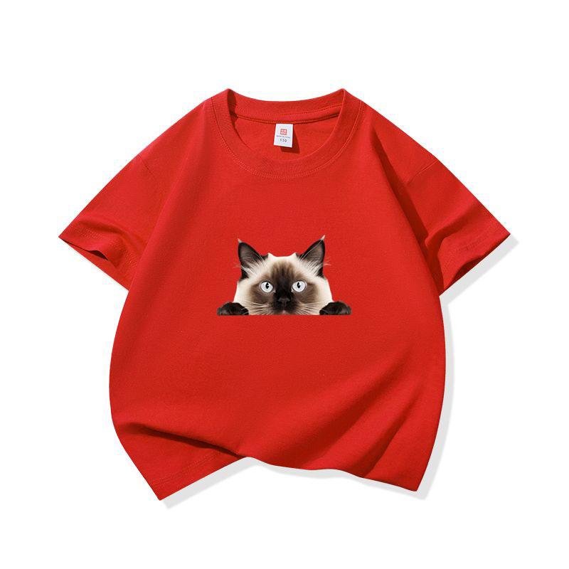 Kids Cotton T Shirt Peeking Siamese Cat Pattern Print Crew Neck Short Sleeve Tee Casual Breathable Boys Girls Summer Tops