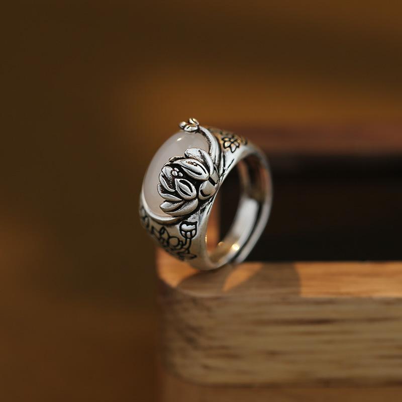 XIYANIKE Ethnic Thai Silver Lotus Stone Cuff Finger Rings For Women Girl Vintage Fashion New Jewelry Gift Party anillos mujer