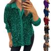 Women's Fashion Solid Color Collar Long Sleeve Button Glitter Shirt Top