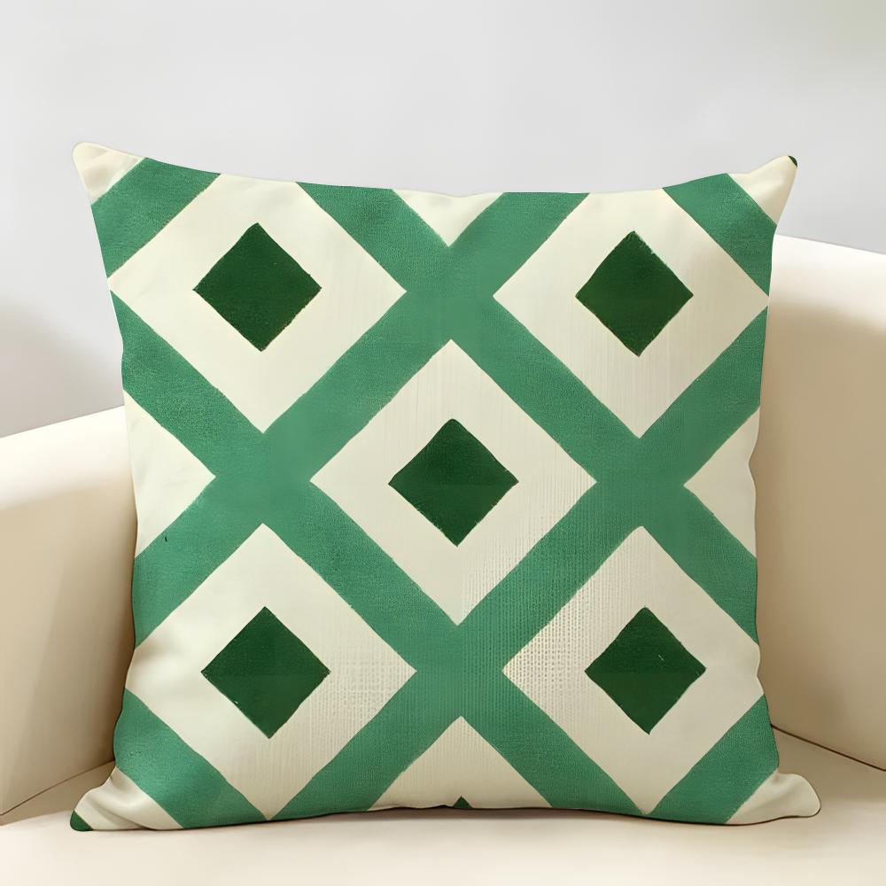 Nordic-Inspired Green Geometric Style Cushion Cover Natural Linen Organic Fabric Printing Breathable Perfect For Home Decor