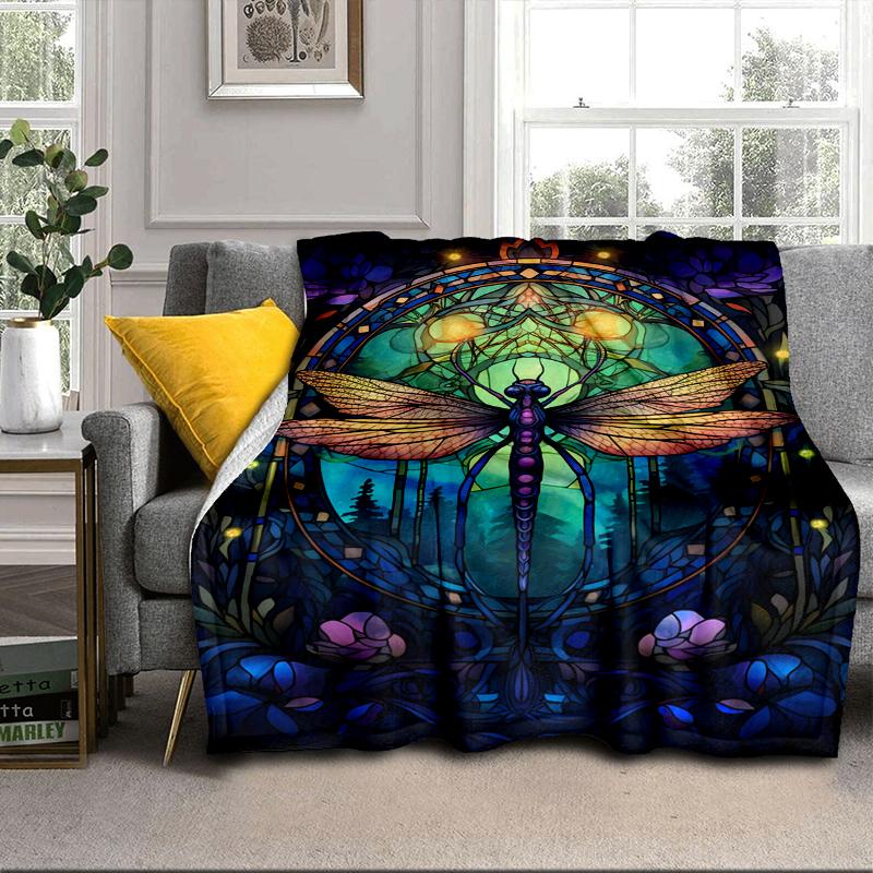 Stained Glass Dragonfly Garden Blanket Flannel Blanket for bed, sofa, Camping, Hiking, Picnic Essentials, gift for family Fan gifts