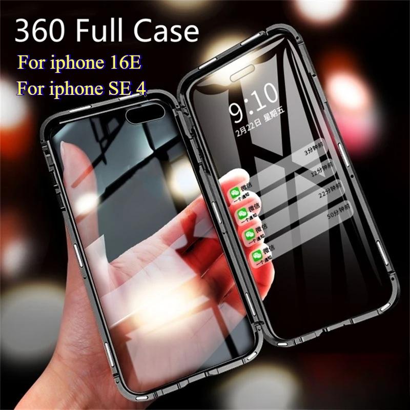 Чехлы для iPhone 16E 16 E Магнитный адсорбционный противоударный чехол для iPhone SE 4 13 SE4 15 16 Pro Max Полностью металлический бампер Двусторонняя крышка из закаленного стекла