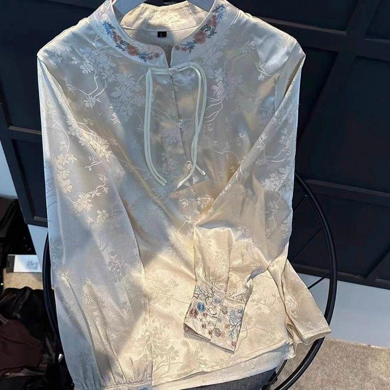 Женский жаккардовый топ в национальном стиле 2024: Весенне-осенняя рубашка премиум-класса со стойкой