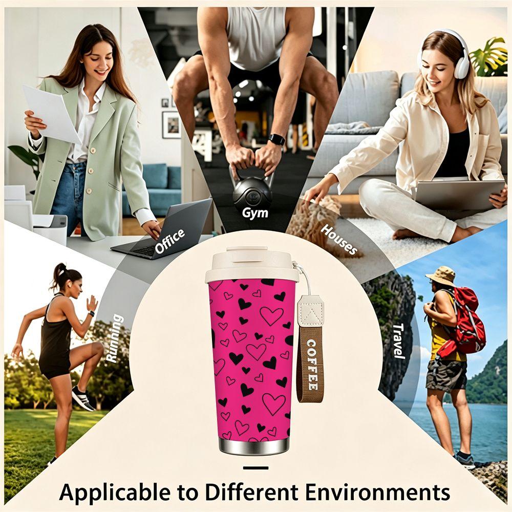 Pink Heart Pattern Stainless Steel Insulated Coffee Tumbler Vacuum Travel Mug Reusable Hot Cold Beverage Cup for Office School Gift